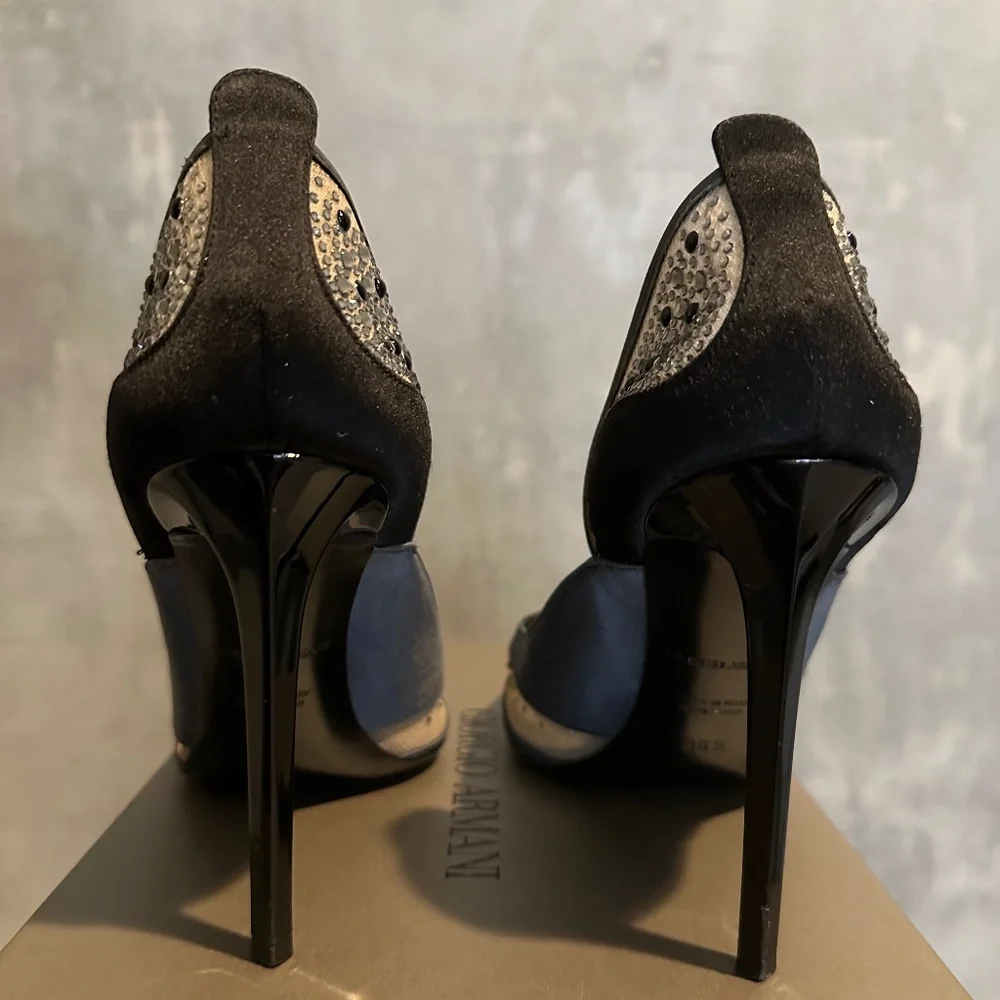 GIORGIO ARMANI Black, Gray, Satin, Mesh & Rhinestone Formal Heels - Size 6.5 - Picture 4 of 10